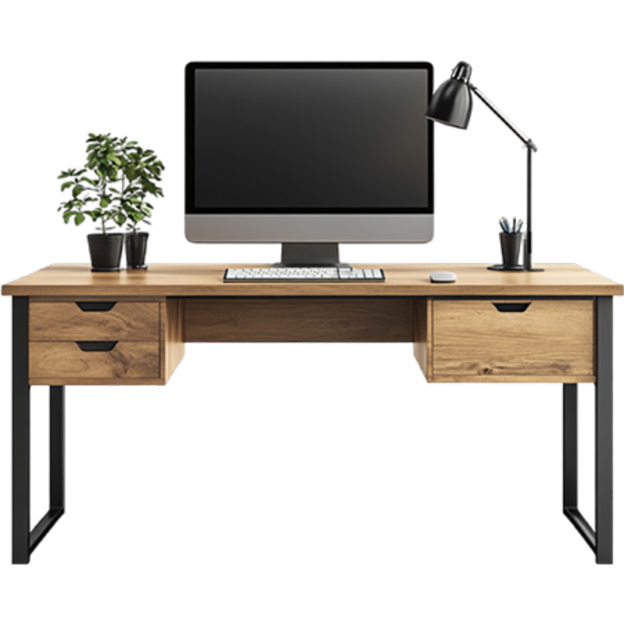 Schreibtisch mit Computer, Schreibtischlampe, Pflanze und Zubehör