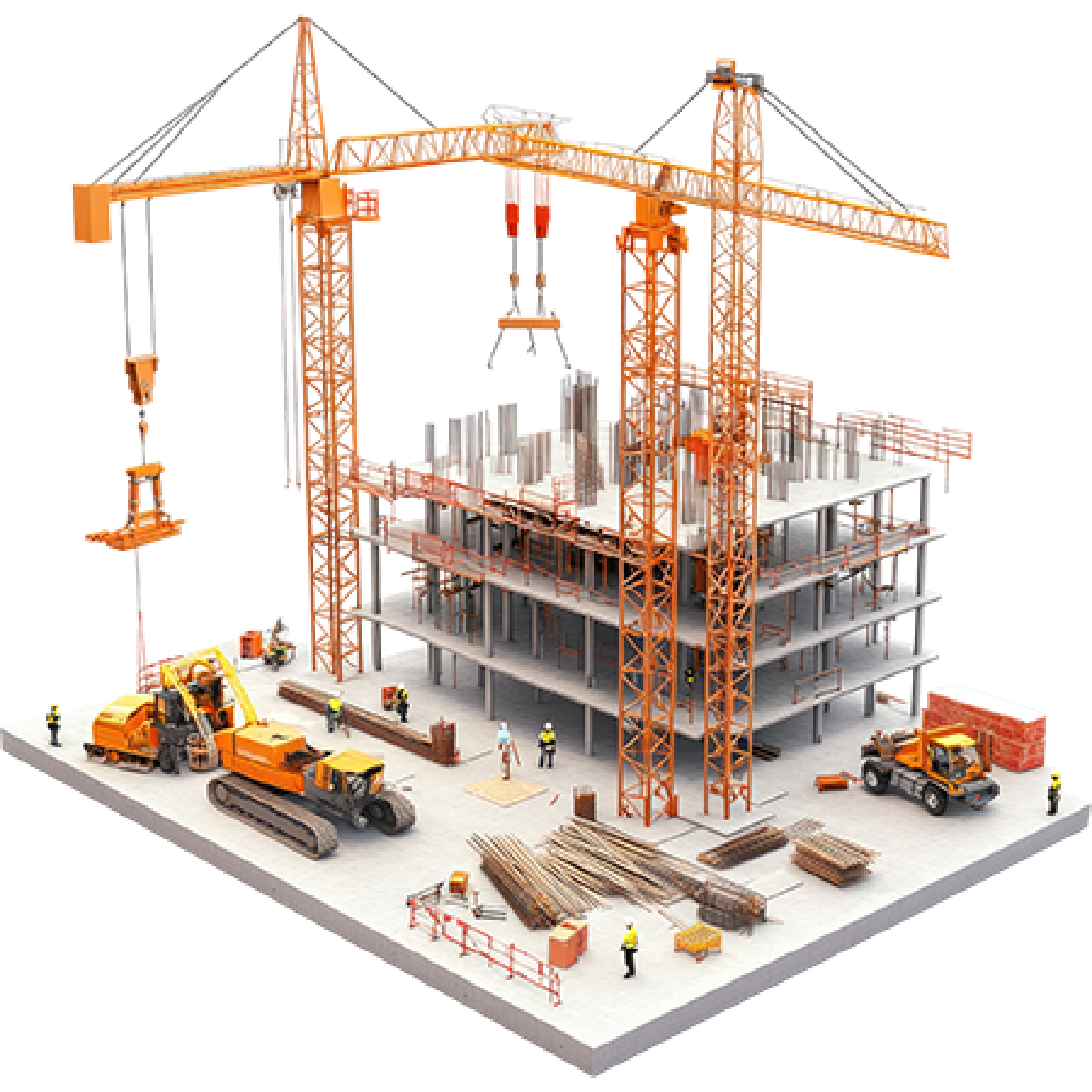 Modell einer Baustelle mit zwei Kränen, Rohbau eines mehrstöckigen Gebäudes und Bauarbeitern