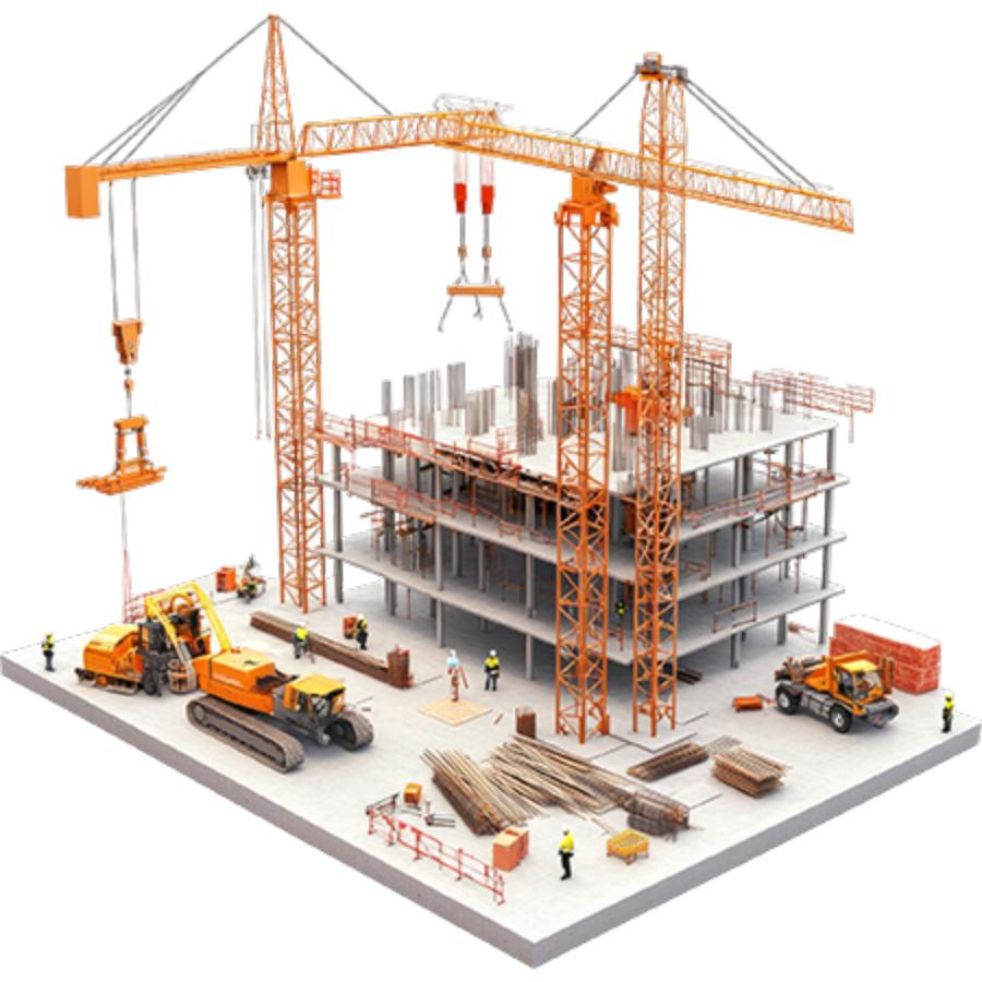 Baustelle mit Rohbau eines mehrstöckigen Gebäudes und zwei Kränen