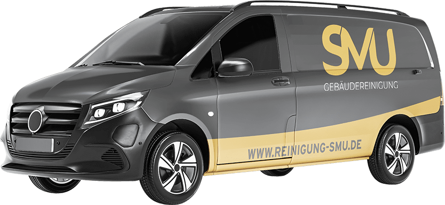 smu reinigung 2026 fahrzeug#2 Grauer Firmenwagen von SMU Gebäudereinigung mit Website-Adresse auf der Seite